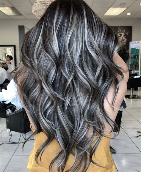 silver hair highlights|silver highlights on dark hair.